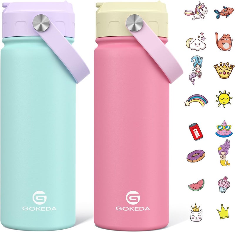 GOKEDA 18oz Kids Water Bottle, 2 Pack Insulated Bottles with Stickers, 18/8 Stainless Steel Vacuum Leak Proof Straw Cup for School, Gifts for Boys Girls(YelloPink+PurpleGreen) - Image 1